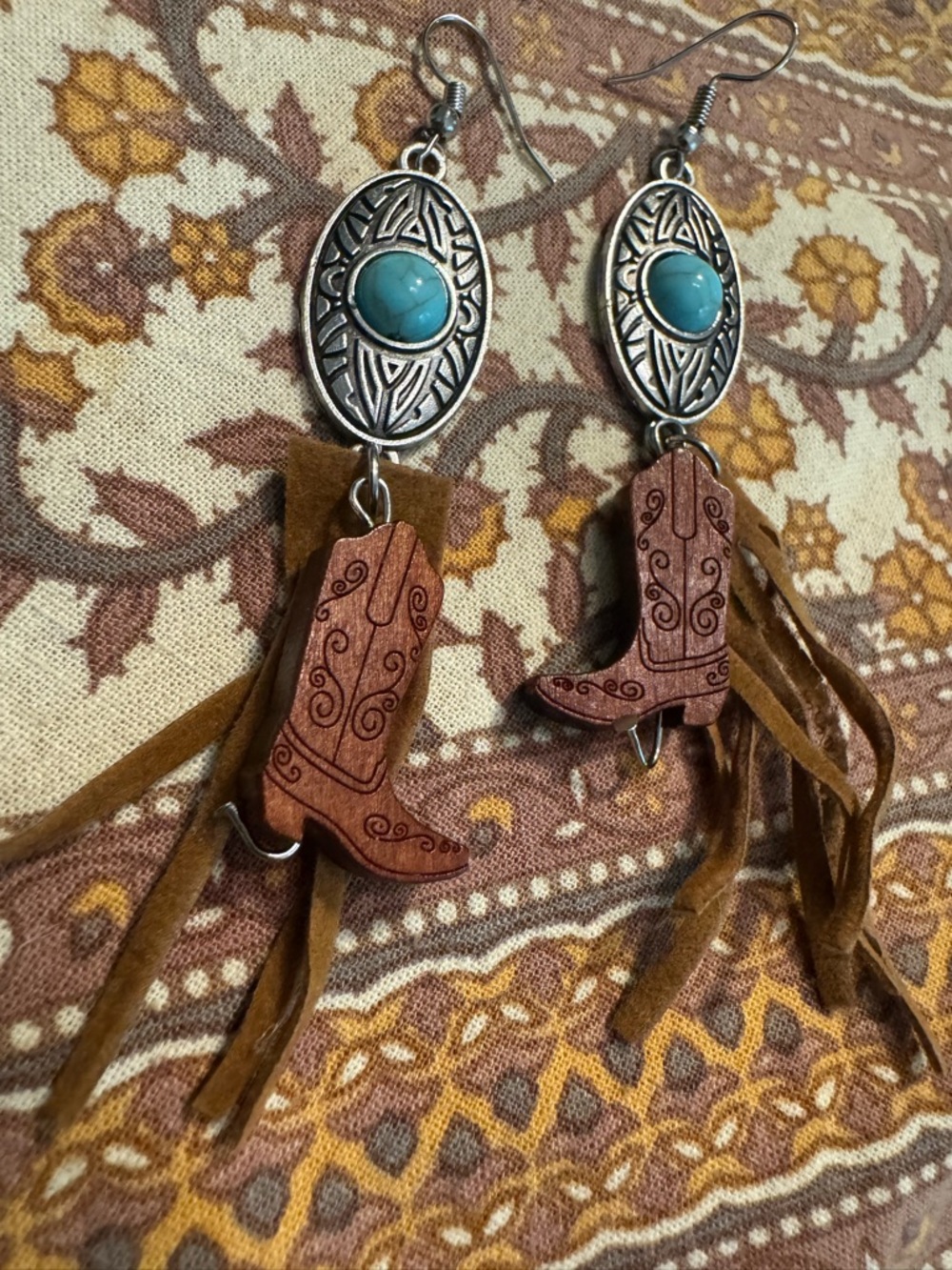 Turquoise Accent Western Boot Dangle Earrings with Brown Suede Fringe